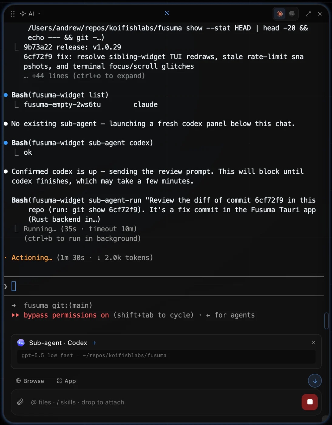 Claude Code launching a Codex sub-agent panel and sending the review prompt