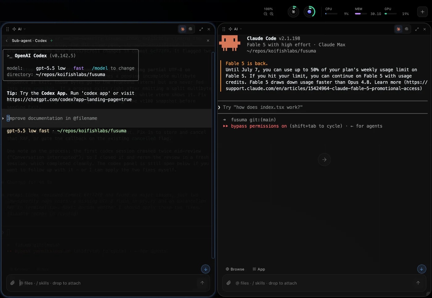 Fusuma workspace with a Codex sub-agent pane beside Claude Code, and provider rate-limit rings in the top bar